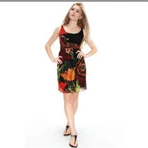 Desigual by Lacroix Dress Floral Print Sheer Sleeveless Size Medium Black Stretc